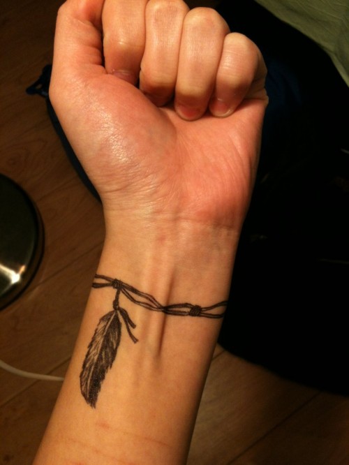 Black Feather Wristband Tattoo On Wrist