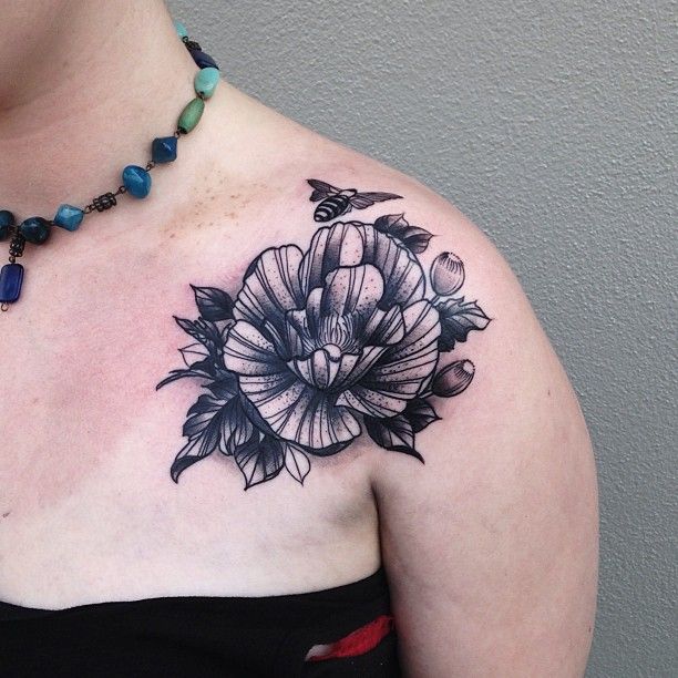 Black Ink Bee And Flower Tattoo On Girl Left Front Shoulder By Pari Corbitt