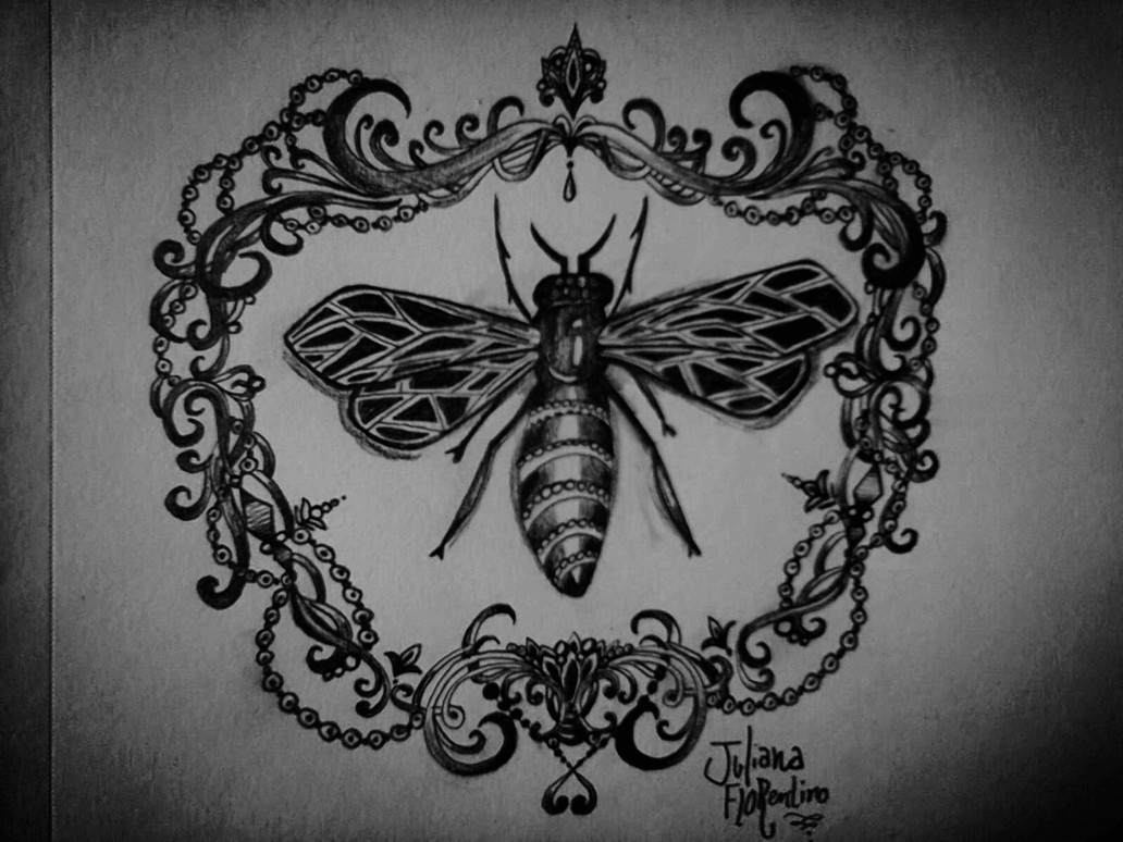 Black Ink Traditional Bee In Frame Tattoo Design