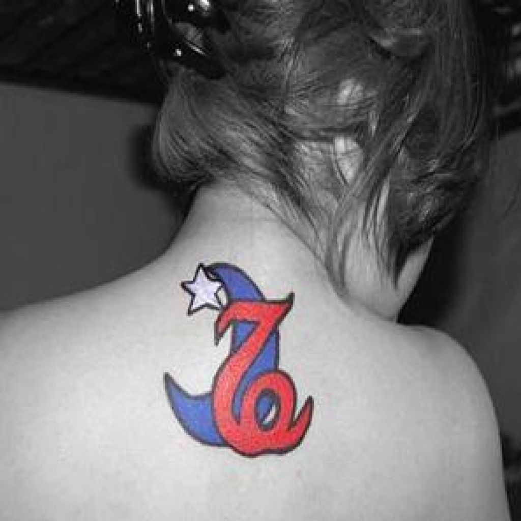 Blue Moon And Red Girly Capricorn Tattoo On Upper Back