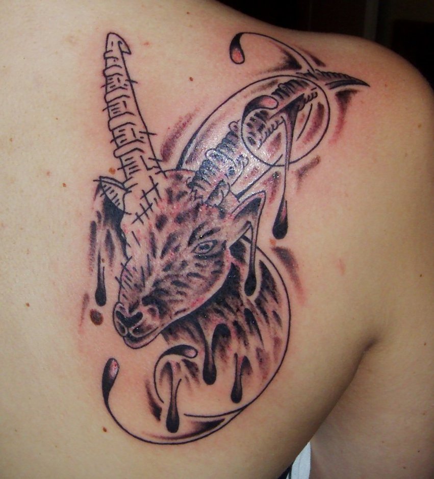 Capricorn Goat Head Tattoo On Right Back Shoulder