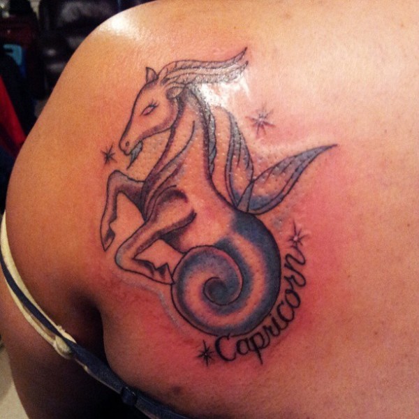 Capricorn Tattoo On Left Back Shoulder For Girls