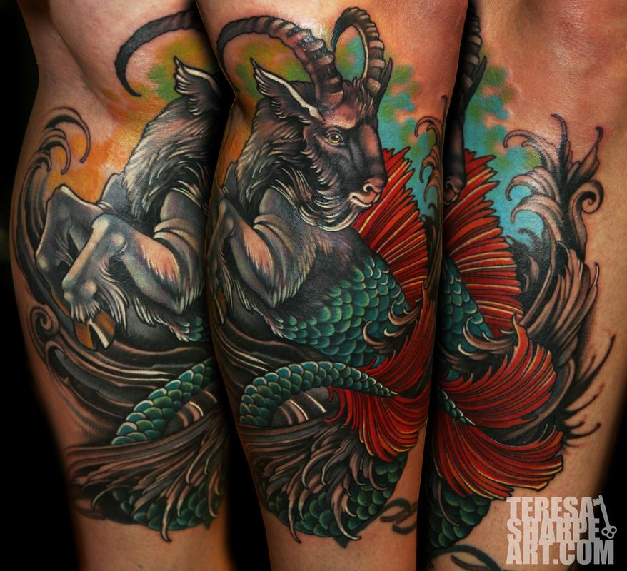 Colorful Capricorn Tattoos On Legs