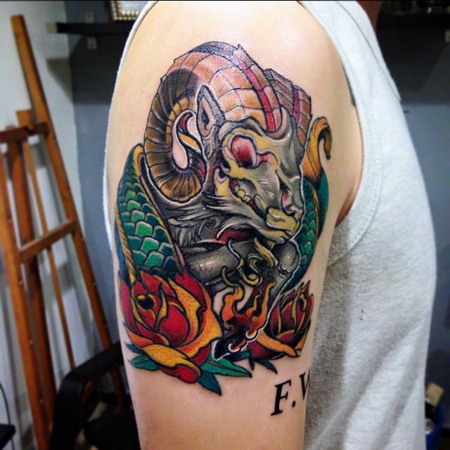 Colorful Goat Capricorn Tattoo On Right Shoulder