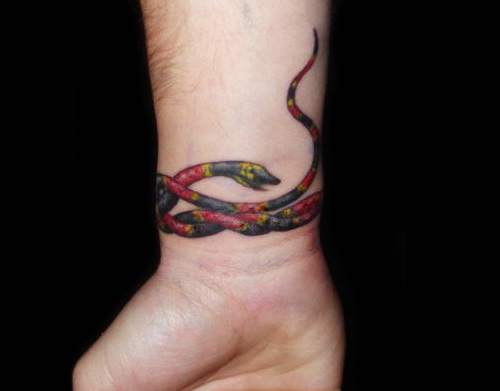 Colorful Snake Wristband Tattoo On Wrist
