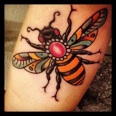 Colorful Traditional Bee Tattoo Design