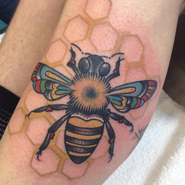 Colorful Traditional Bee Tattoo On Leg