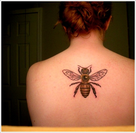Cool Bee Tattoo On Girl Upper Back