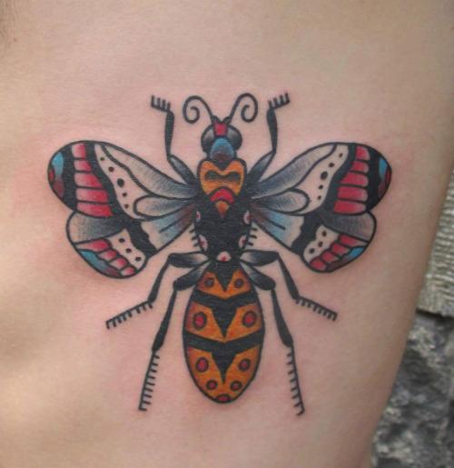 Cool Colorful Traditional Bee Tattoo Design