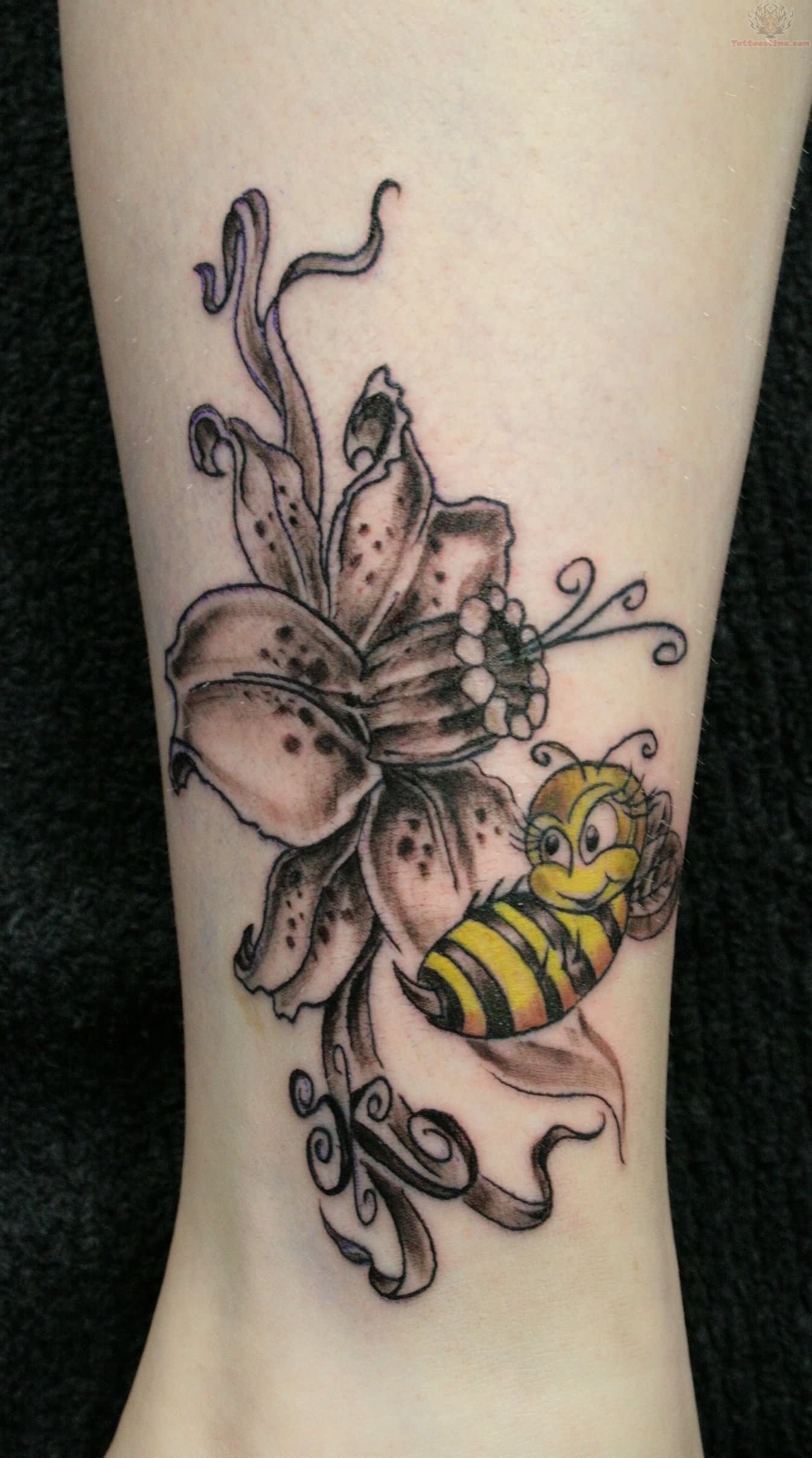 Cute Bee And Flower Tattoo Design For Leg