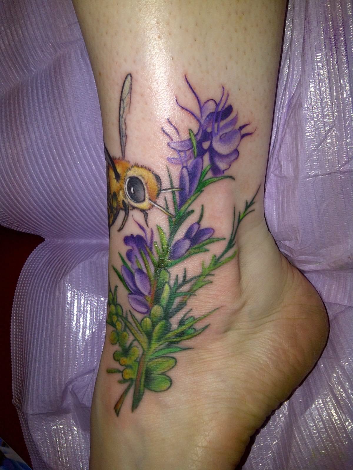 Cute Bee And Flowers Tattoo Design For Foot