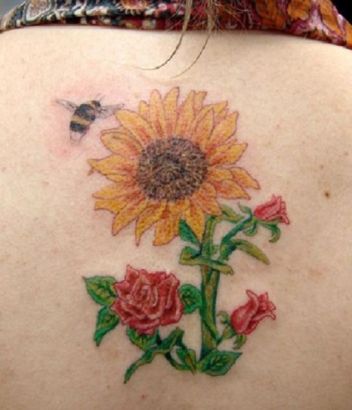 Cute Bee And Flowers Tattoo Design For Upper Back