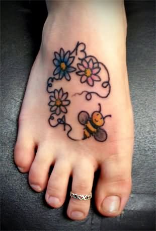 Cute Bee And Flowers Tattoo On Foot
