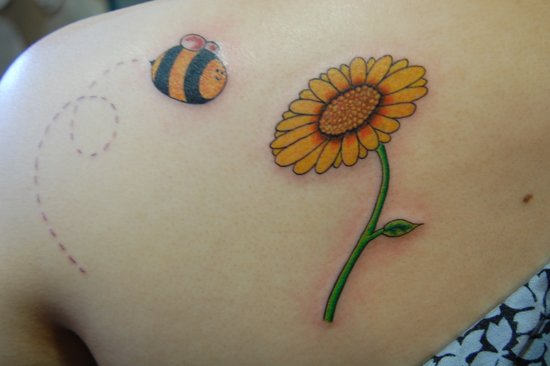 Cute Bee And Sunflower Tattoo On Left Back Shoulder