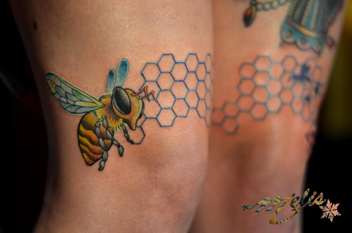 Cute Bee Tattoo On Thigh