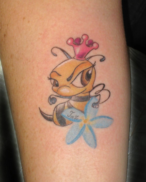 Cute Bee With Flower Tattoo Design For Leg