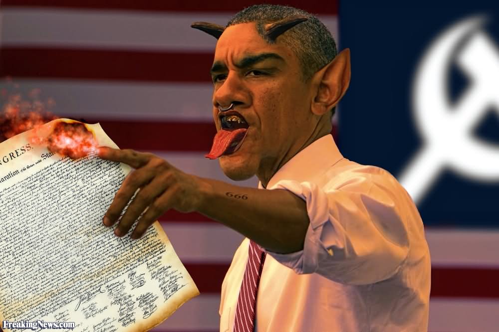 Evil Barack Obama Devil Burning the Declaration Of Independence Funny Photoshop Picture