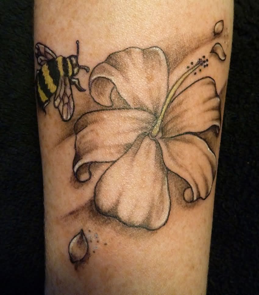 Flying Bee And Flower Tattoo Design For Forearm