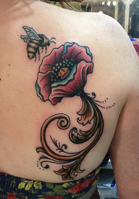 Flying Bee And Flower Tattoo On Right Back Shoulder By Kptattooing
