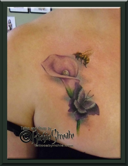 Flying Bee And Flower Tattoo On Right Front Shoulder