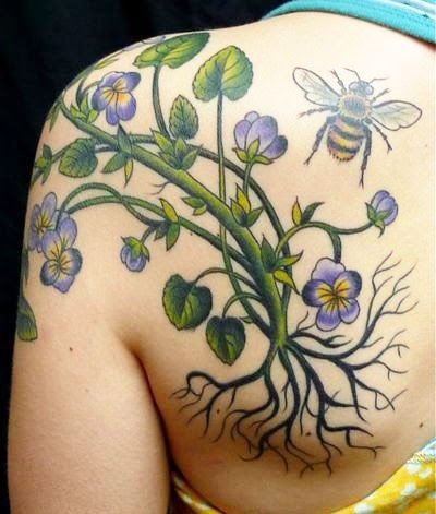 Flying Bee And Flowers Tattoo On Left Back Shoulder