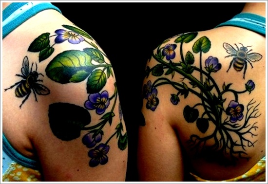 Flying Bees And Flowers Tattoo Design For Shoulder