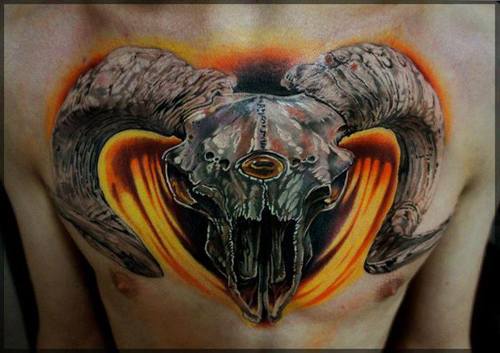 Goat Skull Capricorn Tattoo On Chest For Men