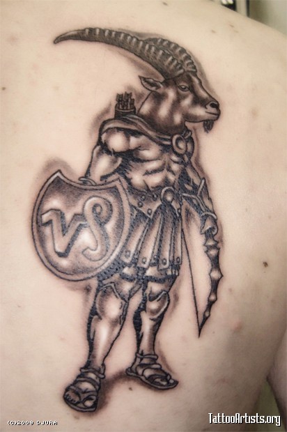 Grey Capricorn Tattoo On Right Back Shoulder