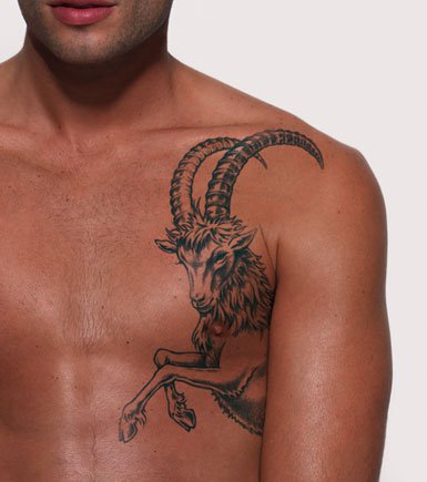 Grey Ink Capricorn Tattoo On Man Chest
