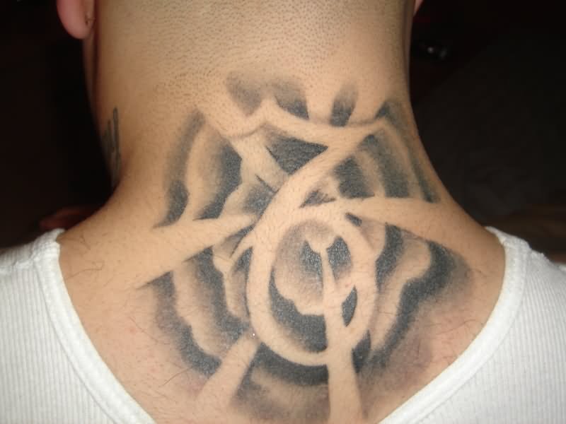 Grey Ink Capricorn Tattoo On Nape For Girls