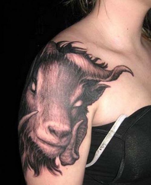 Grey Ink Capricorn Tattoo On Right Shoulder For Girls