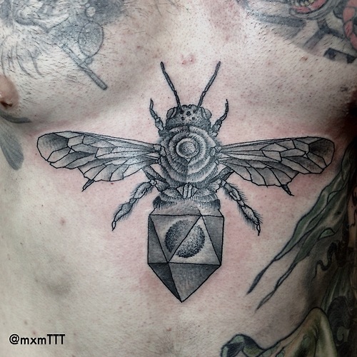 Grey Ink Geometric Bee Tattoo On Under Chest