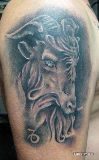 Half Sleeve Grey Ink Goat Capricorn Tattoo