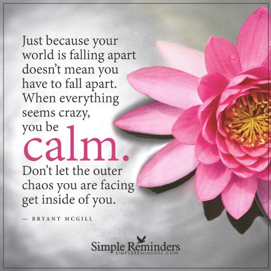 Just because your world is falling apart doesn't mean you have to fall apart. When everything seems crazy, you be calm. Don't let the outer chaos you are facing get inside of you.