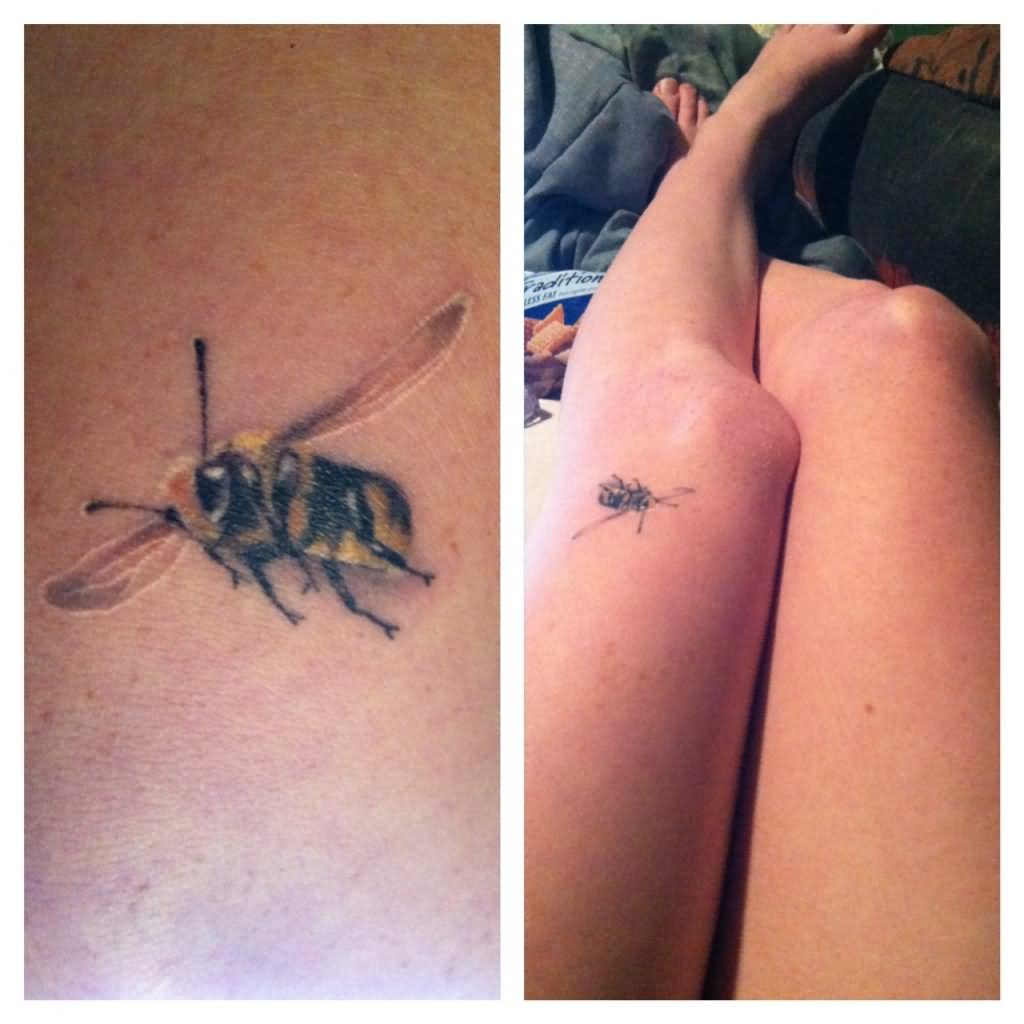 Little Bee Tattoo On Girl Left Knee