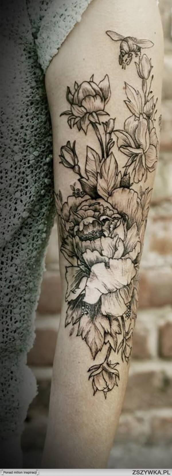 Mind Blowing Flying Bee And Flowers Tattoo On Full Sleeve