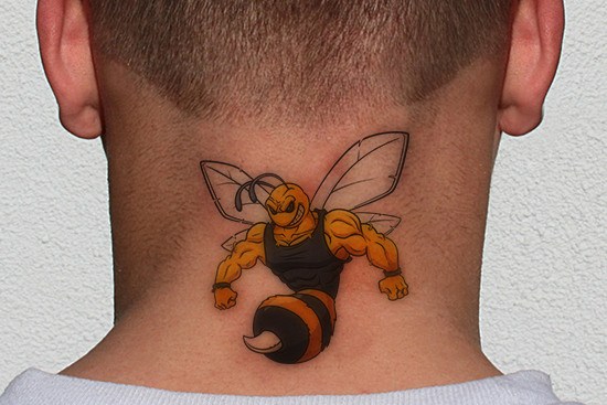Muscular Bee Tattoo On Man Back Neck