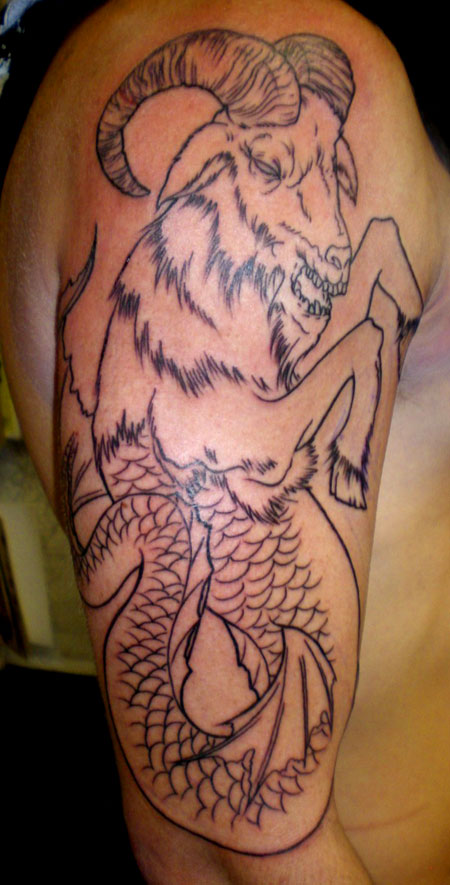 Outline SeaGoat Capricorn Tattoo On Half Sleeve