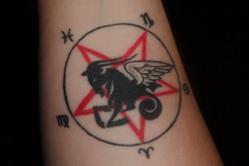 Pentagram And Zodiac Capricorn Tattoo On Sleeve