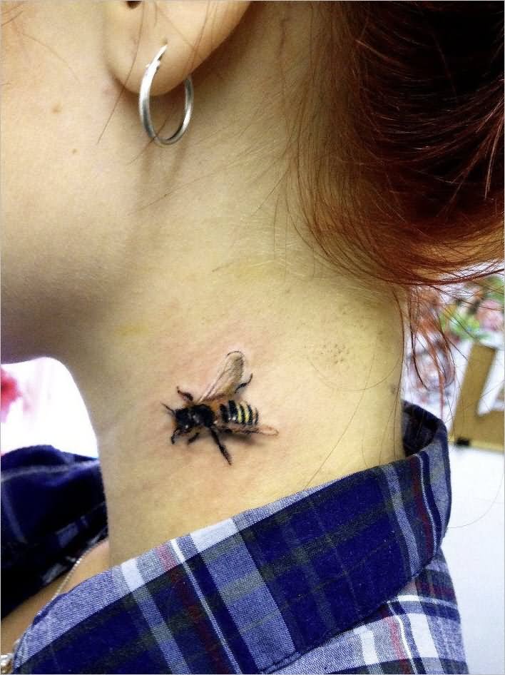 Realistic 3D Bee Tattoo On Girl Side Neck