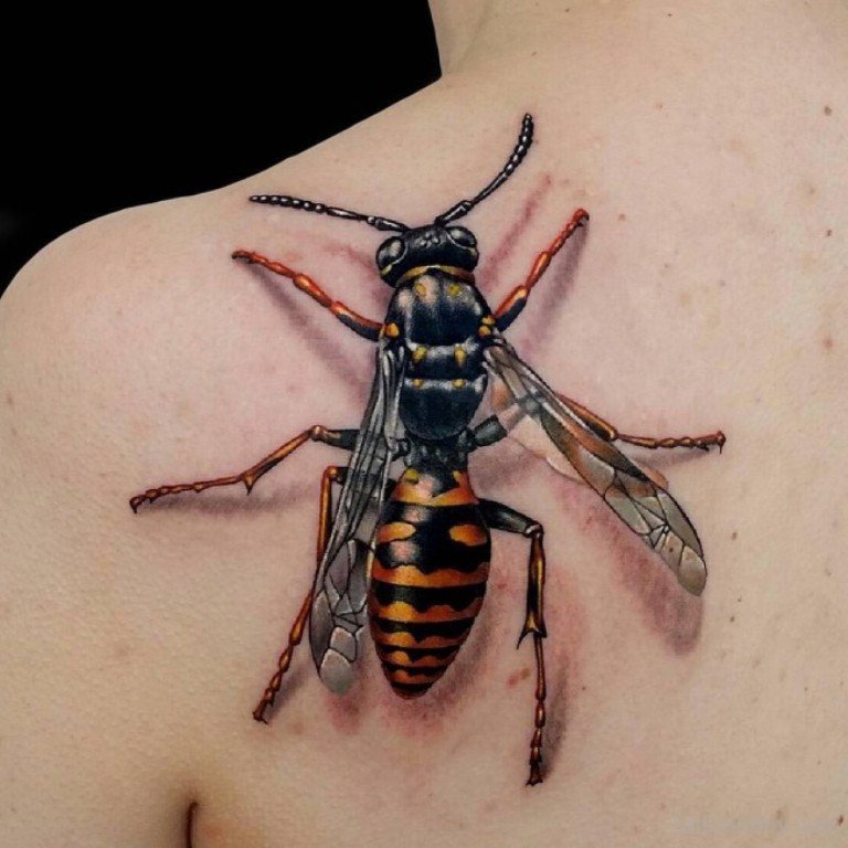Realistic 3D Bee Tattoo On Left Back Shoulder