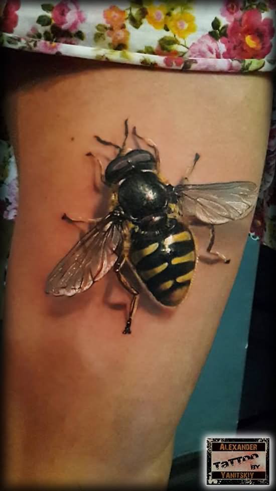 Realistic 3D Bee Tattoo On Thigh