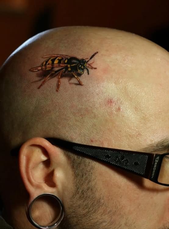 Realistic Bee Tattoo On Head