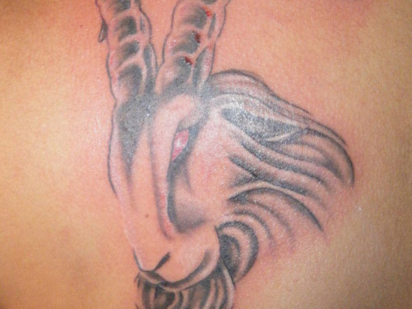 Red Eyes And Grey Capricorn Head Tattoo