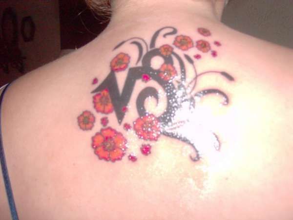 Red Flowers And Girly Capricorn Tattoo On Girl Upper Back