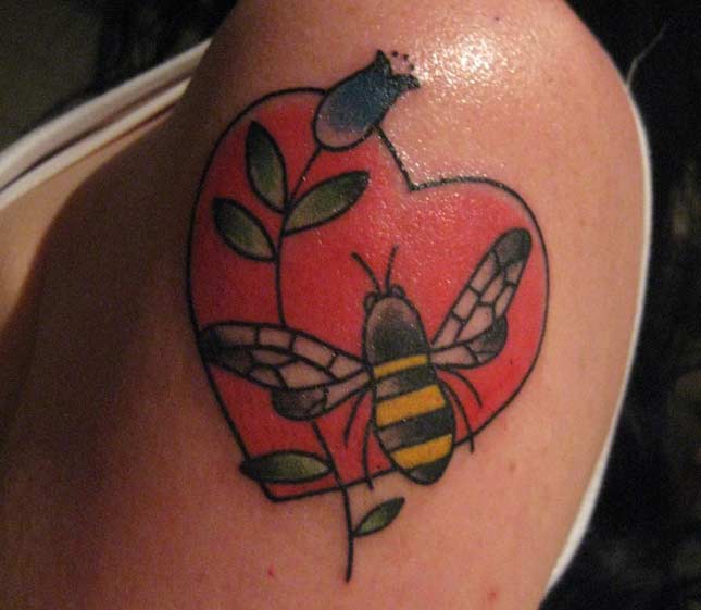 Red Heart With Bee And Flower Tattoo Design For Shoulder
