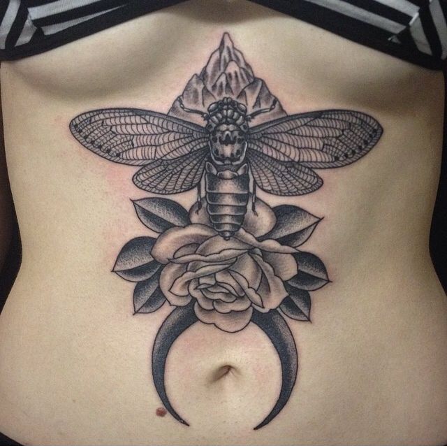 Traditional Bee With Rose And Half Moon Tattoo On Stomach
