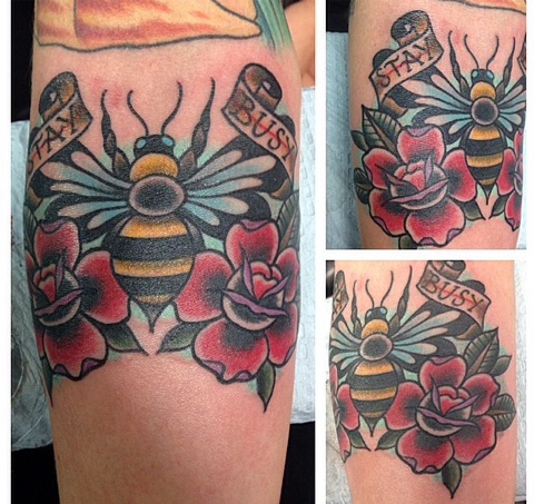 Traditional Bee With Roses And Banner Tattoo Design For Leg