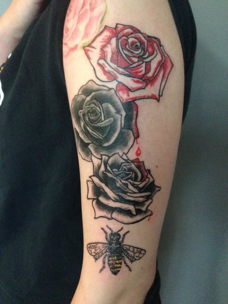 Traditional Bee With Roses Tattoo On Left Half Sleeve