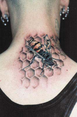 Upper Back Beehive And Bee Tattoo